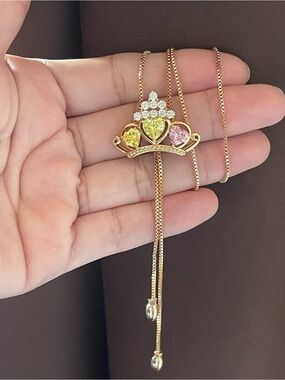 Gold-Tone Crown Pendant Necklace with Yellow, Green, & Pink Heart Stones